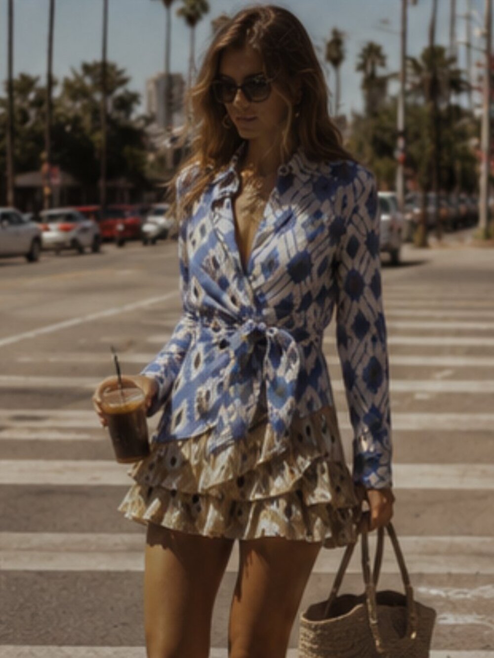 Zara Blue Cream Printed Skirt & Blouse Co-Ord Set NWT M/S